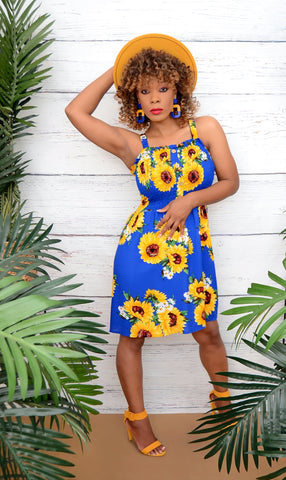 Women’s Boutique Sleeveless Blue Sunflower Dress