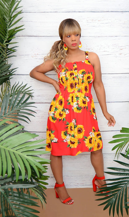 Women’s Cute Sleeveless Red Dress With Sunflowers - Boutique Dresses