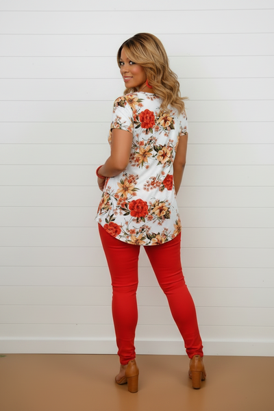 Women's White/ Red Floral Print Top