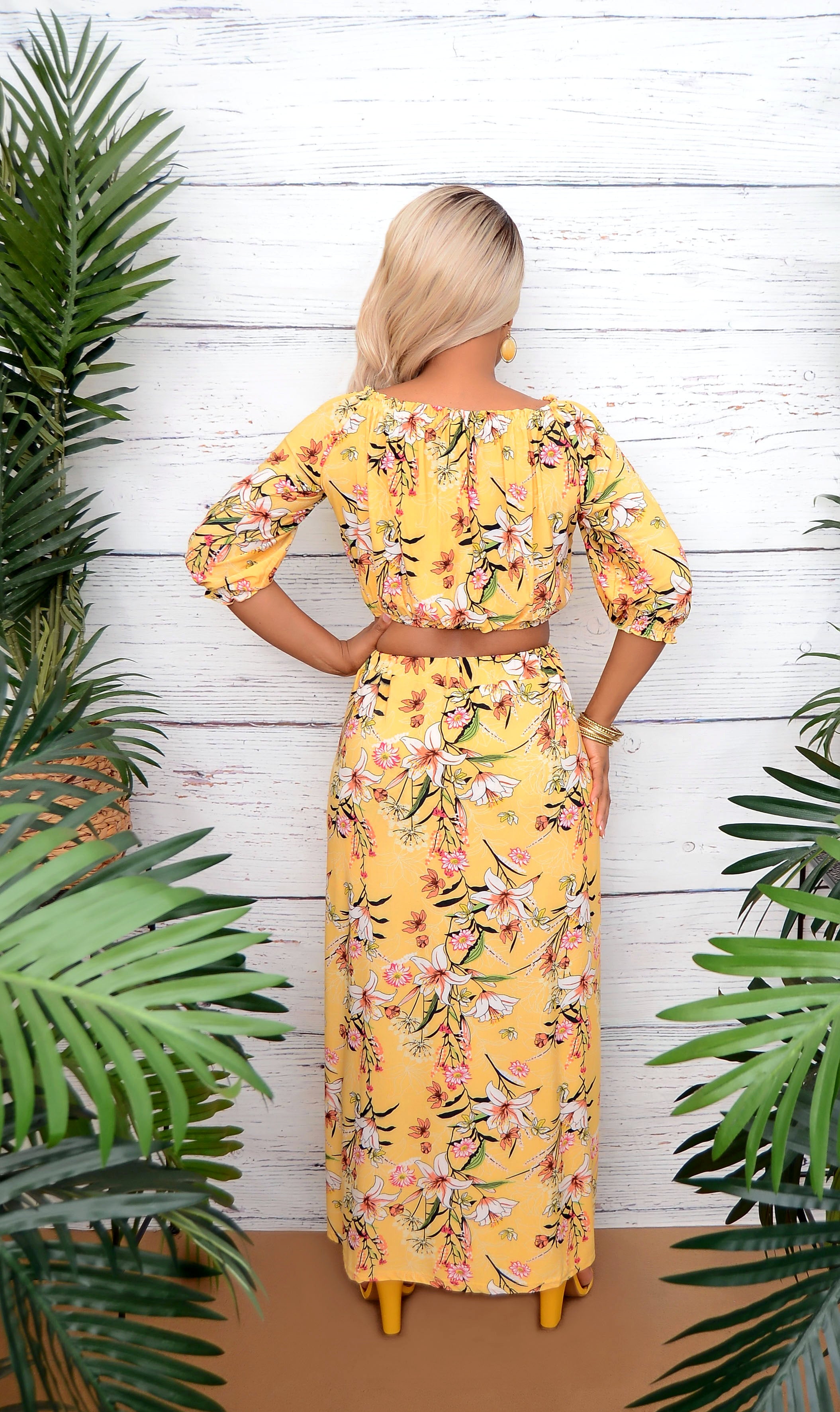 Women’s Yellow Floral Two Piece Skirt/Shorts Set