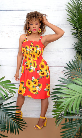 Women’s Cute Sleeveless Red Dress With Sunflowers - Boutique Dresses