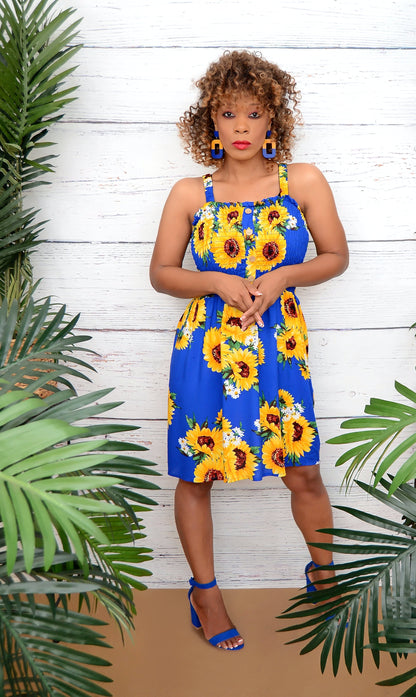 Women’s Boutique Sleeveless Blue Sunflower Dress