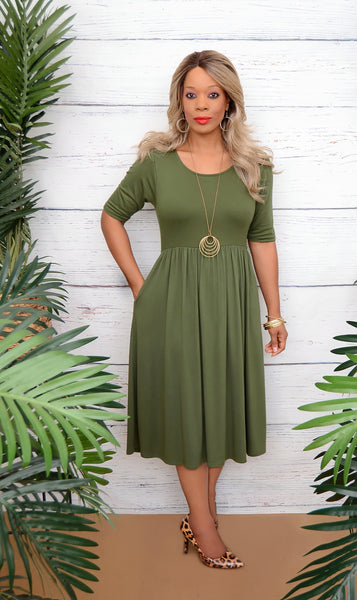 Women’s Olive Green Empire Waist Pocket Dress
