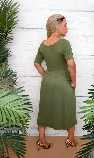 Women’s Olive Green Empire Waist Pocket Dress