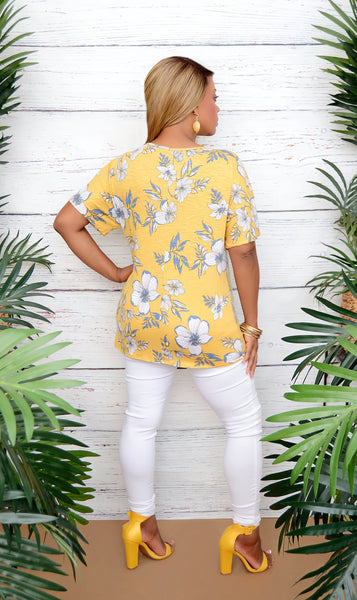 Women's Yellow Floral Print Tie Front Top