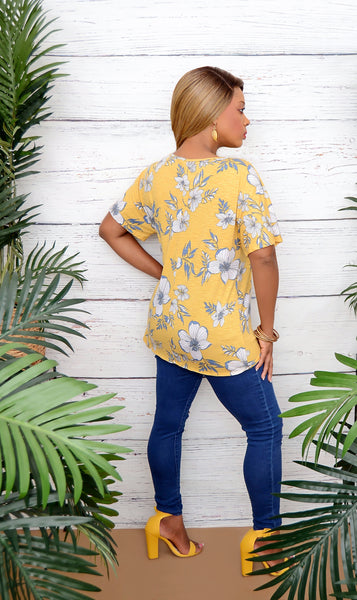Women's Yellow Floral Print Tie Front Top
