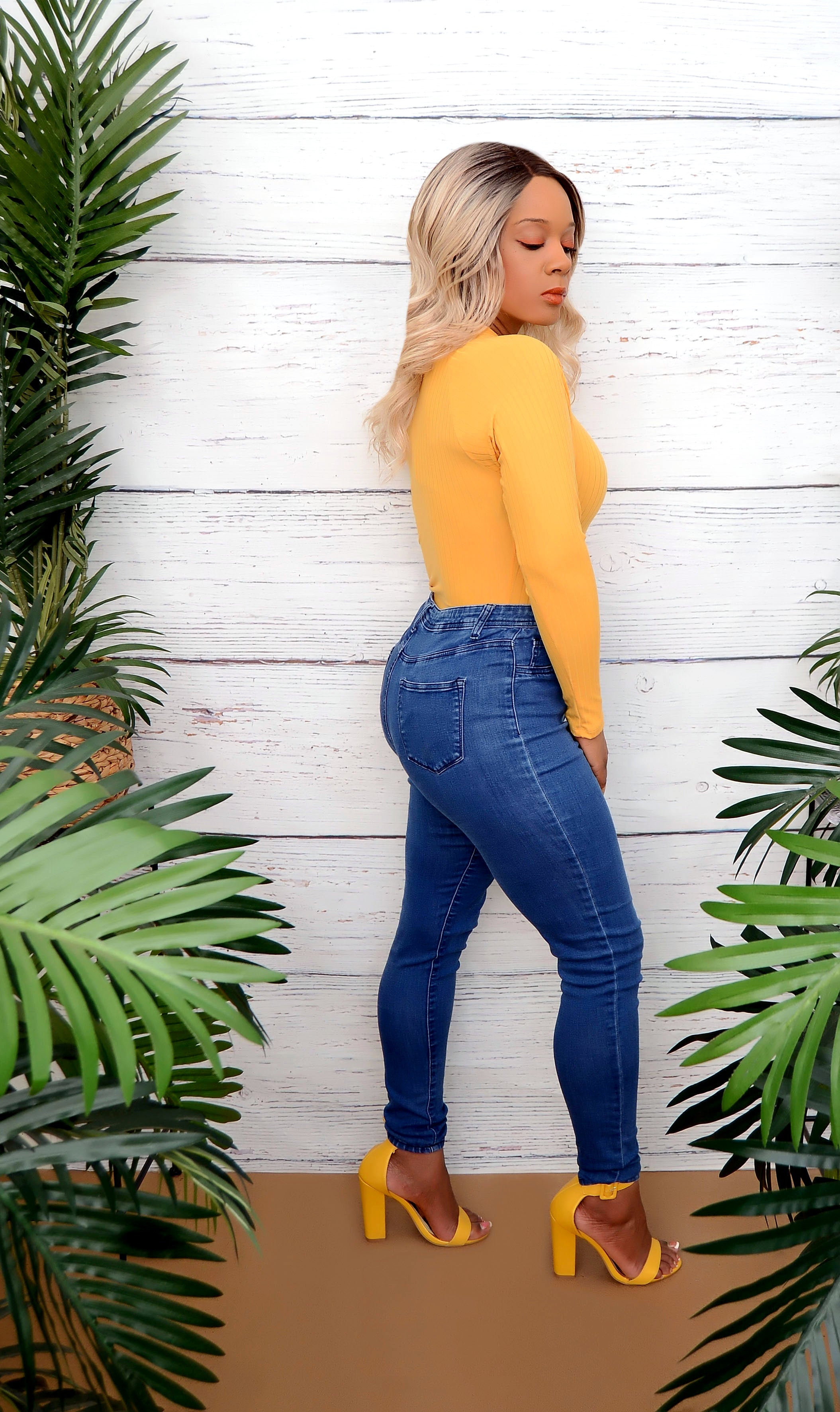 Women’s Mustard Yellow Long Sleeve Ribbed Bodysuit