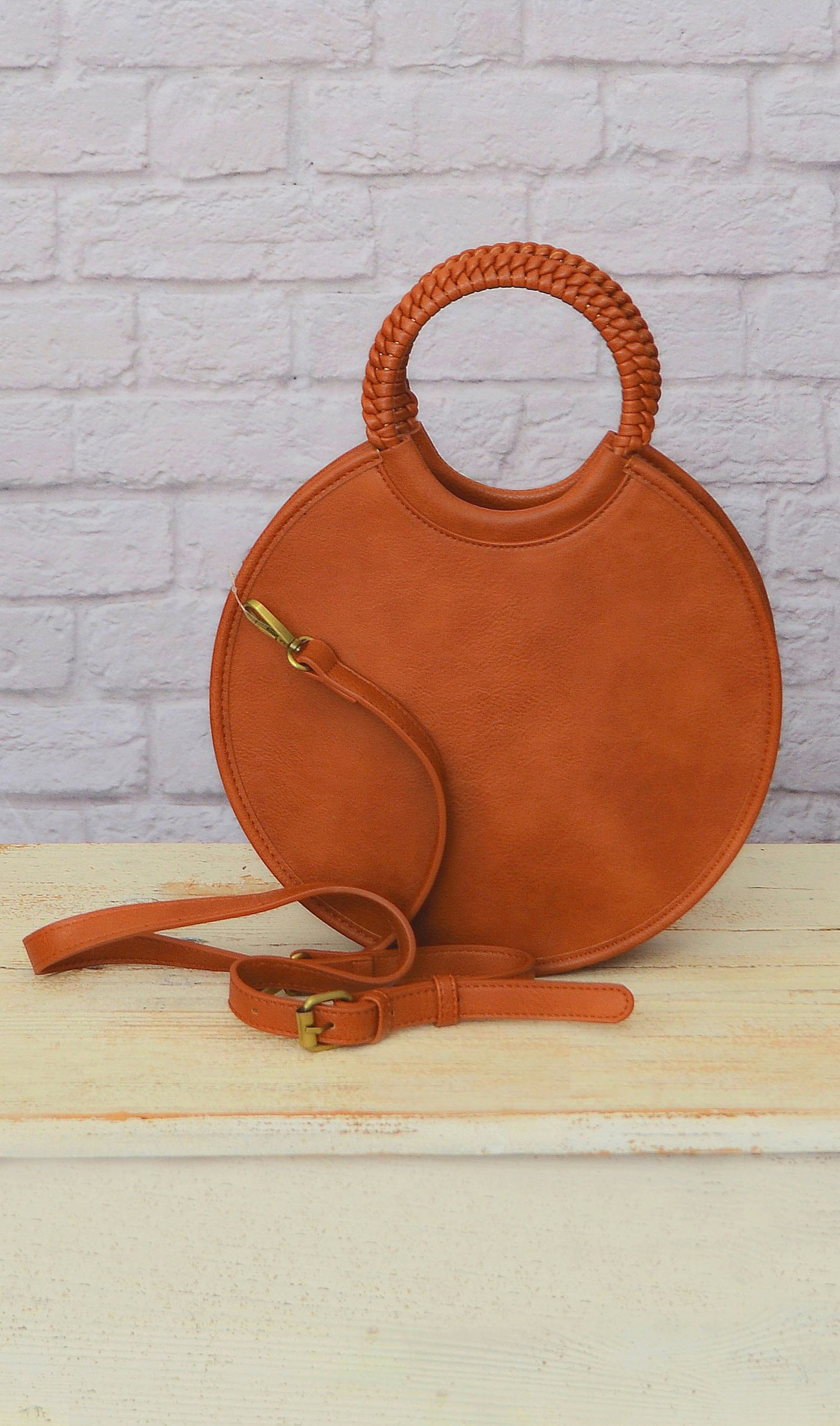 Women's Cognac Brown Round Cross Body Purse