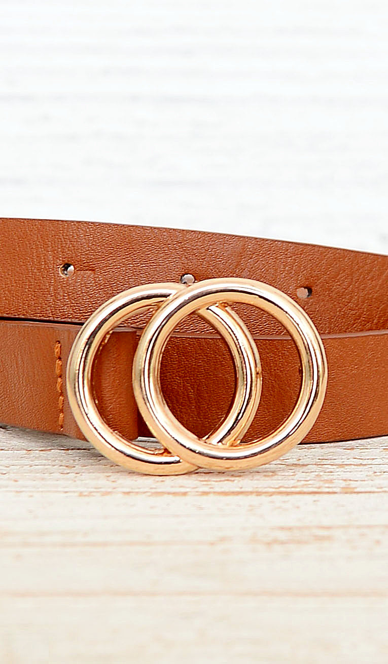 Women's Cognac Tan Skinny Double Ring Circle Belt