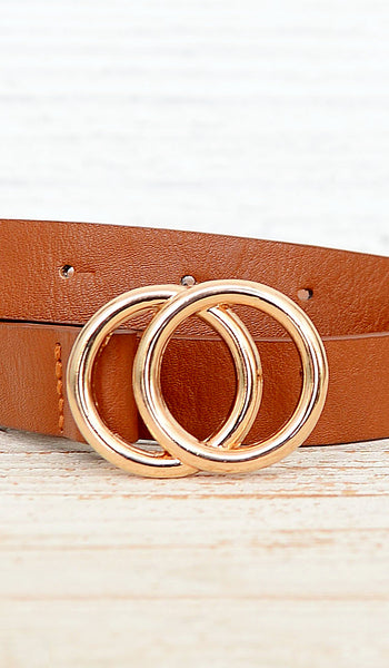 Women's Cognac Tan Skinny Double Ring Circle Belt