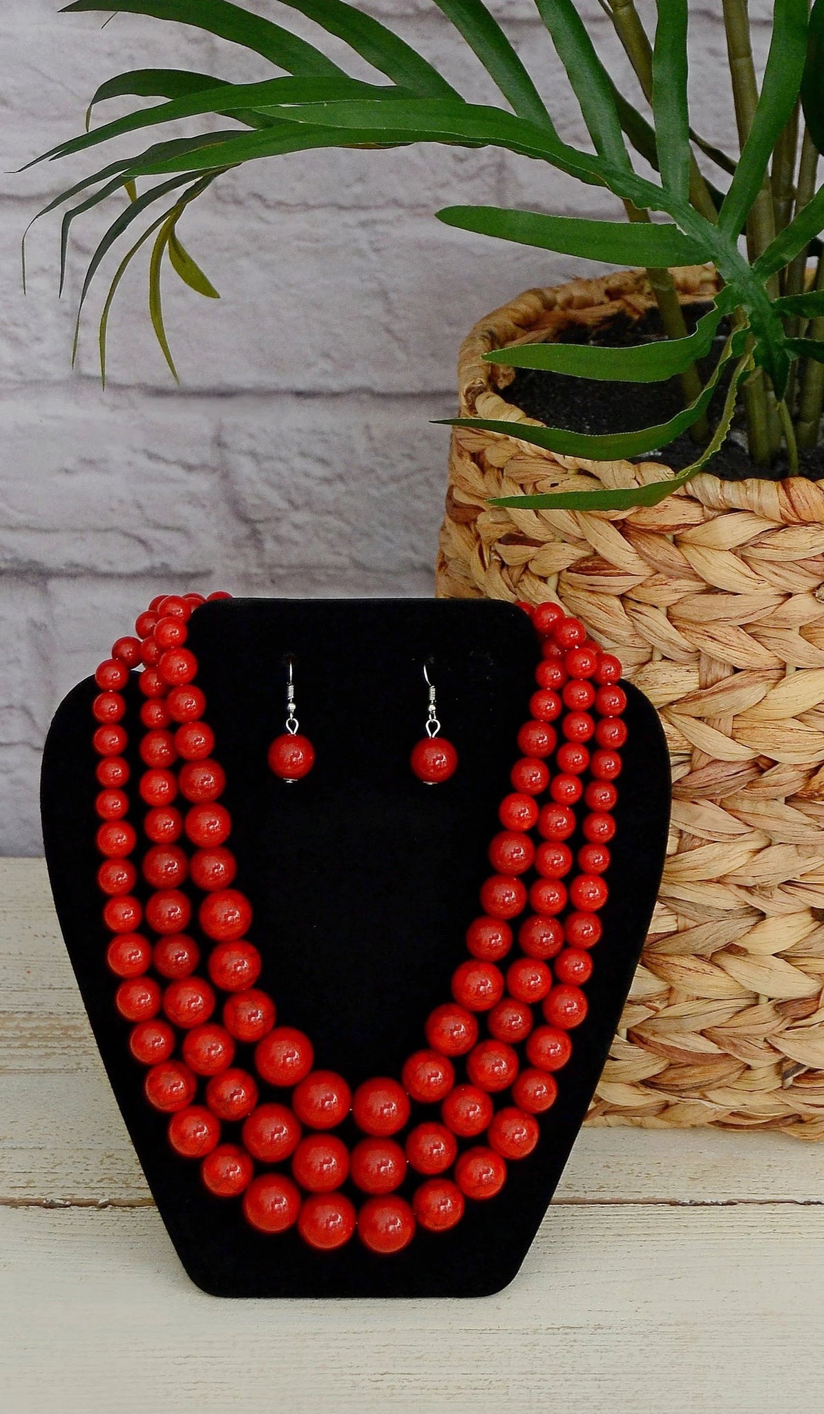Women's Red Three Layer Beaded Necklace