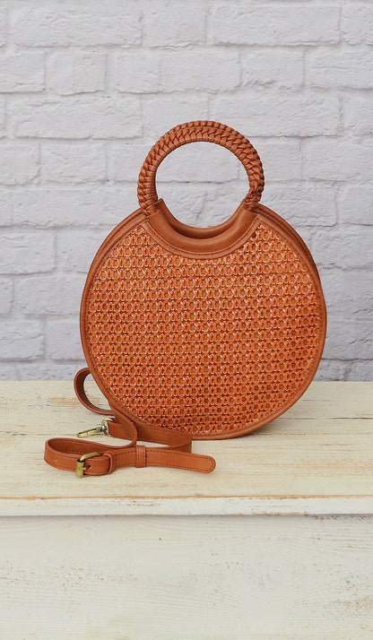 Women's Cognac Brown Round Cross Body Purse