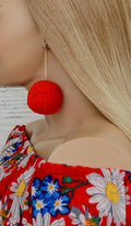 Women's Red Pom Puff Ball Earrings