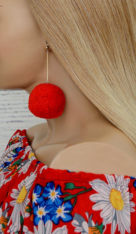 Women's Red Pom Puff Ball Earrings