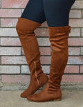 Women's Suede Knee High Boots With Back Lace Up-Chocolate Brown