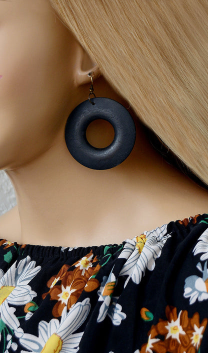 Women's Black Wooden Hoop Circle Earnings