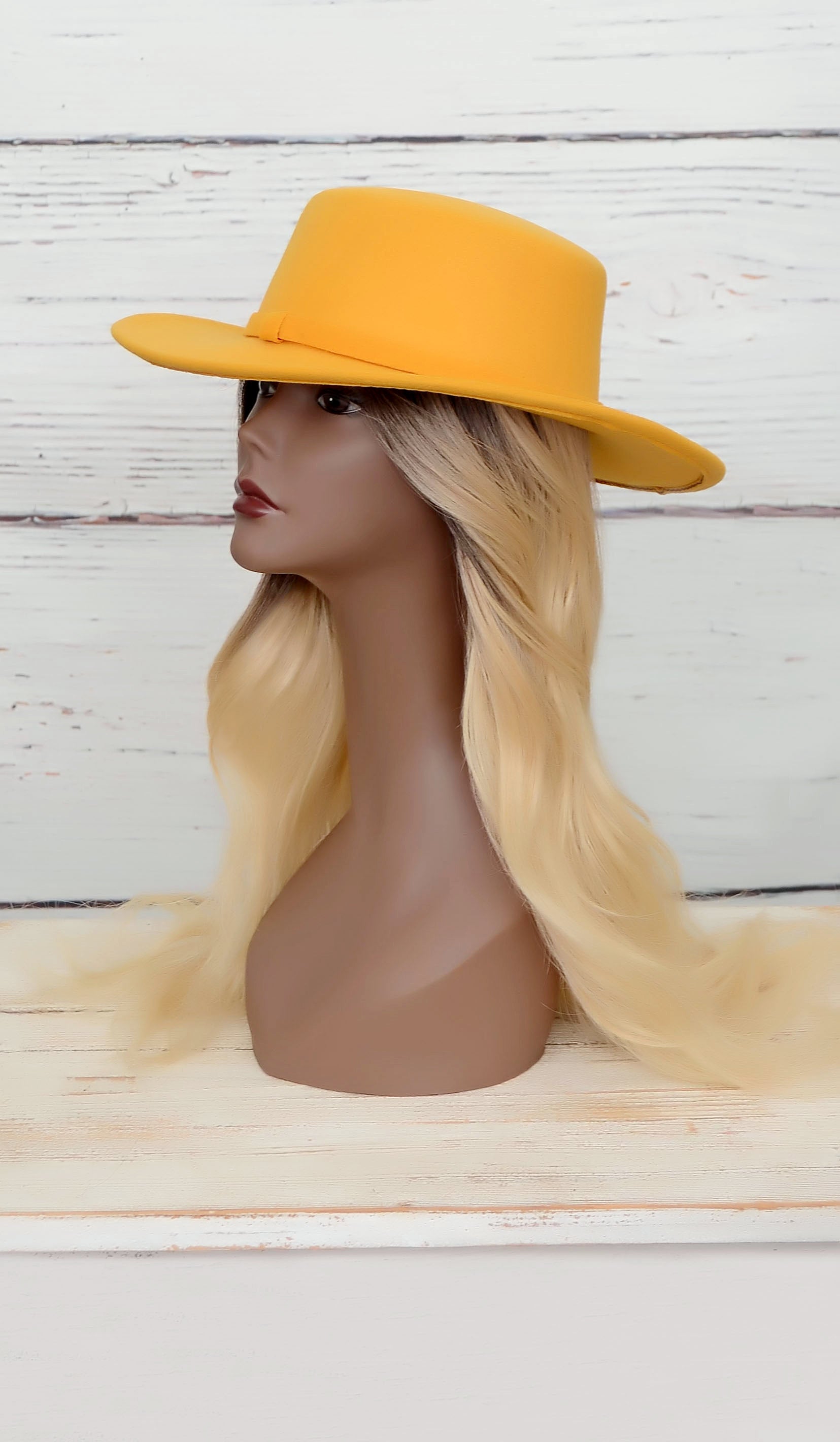Mustard Yellow Felt Wide-Brim Fedora with Leather Trim Atlanta - Wide Brim Fedora Hat - Yellow – Dope Headwear main image 2