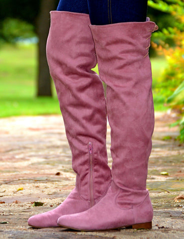 Women's Suede Knee High Boots With Back Lace Up-Mauve Pink