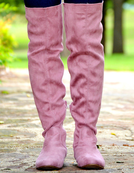 Women's Suede Knee High Boots With Back Lace Up-Mauve Pink