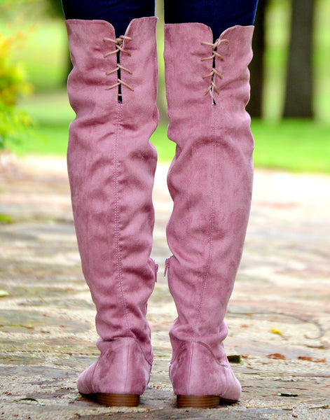 Women's Suede Knee High Boots With Back Lace Up-Mauve Pink