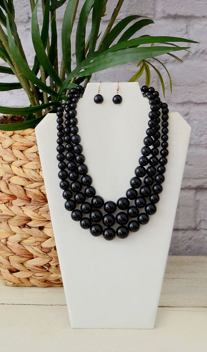 Women's Black Triple Beaded Necklace Set