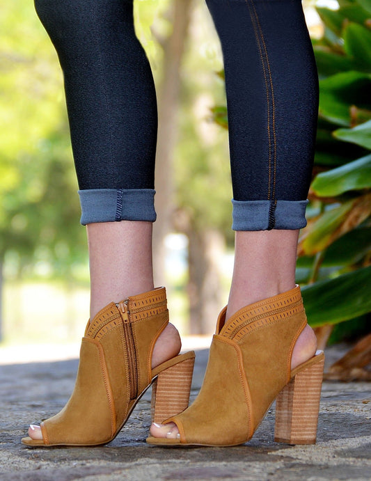 Women's Fashion Suede Peep Open Toe Booties-Camel