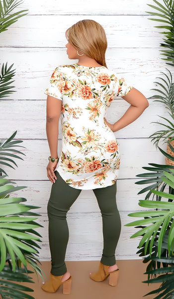 Women's White/Olive Green Floral Print Top