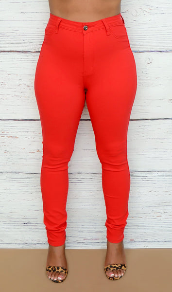 Women's Red High Waist Skinny Jeans