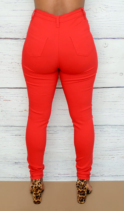 Women's Red High Waist Skinny Jeans