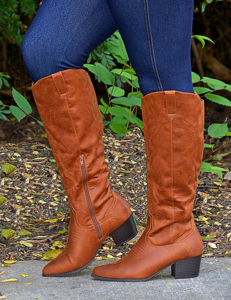 Women's Pointed Toe Mid-Calf Cognac Cowgirl Boots