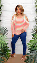 Women's Coral & Ivory Striped Open Shoulder Crochet Top