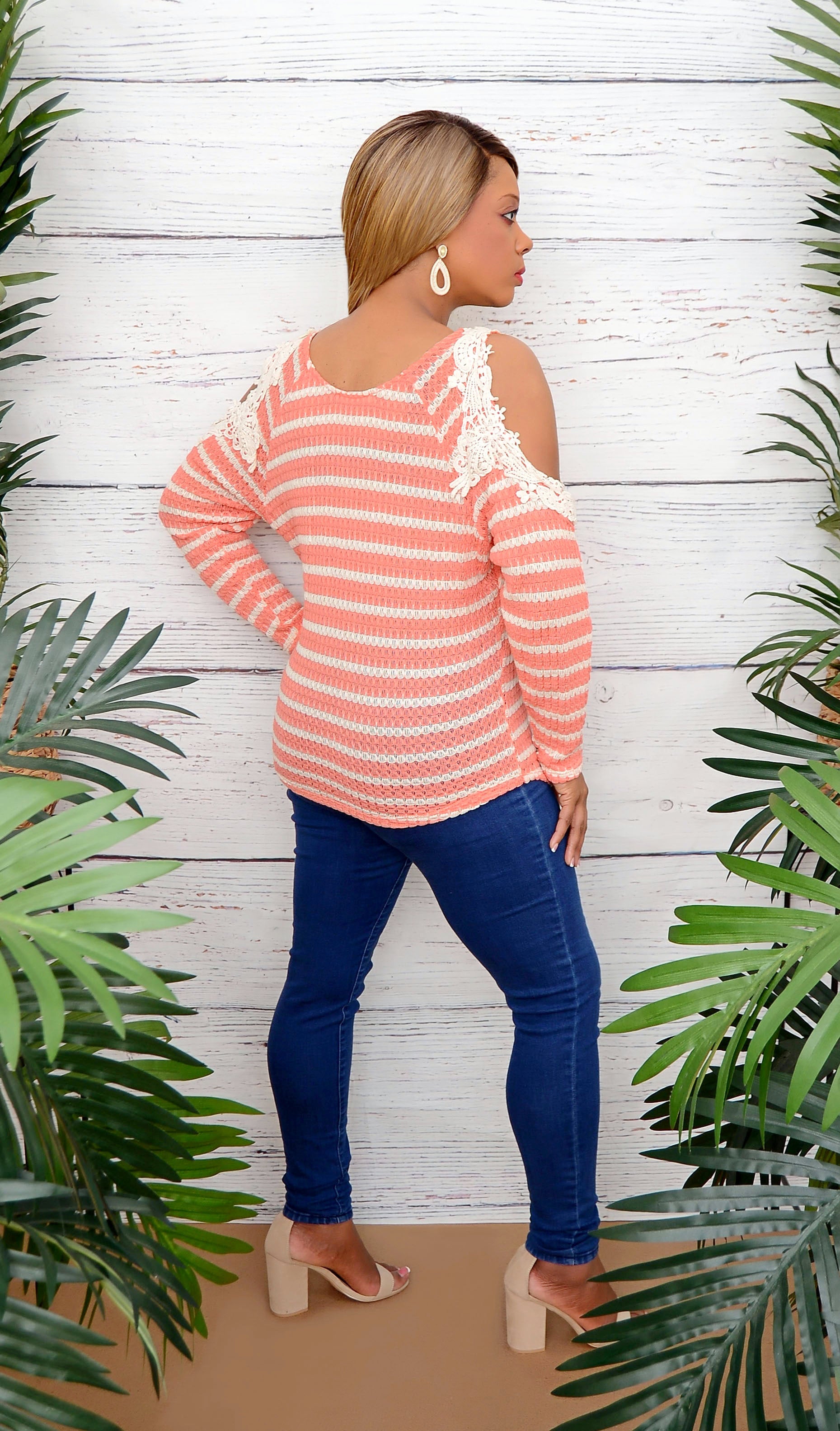 Women's Coral & Ivory Striped Open Shoulder Crochet Top