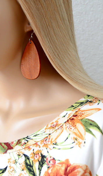 Women's Cognac Brown Wooden Teardrop Earrings