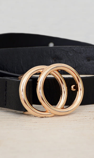Women's Black Skinny Double Ring Circle Belt