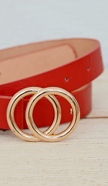 Women's Red/Gold Skinny Double Ring Circle Belt