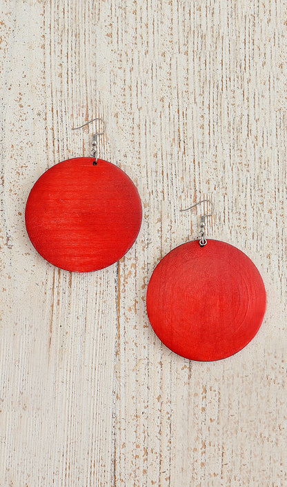 Women's Red Wooden Circle Fashion Earrings