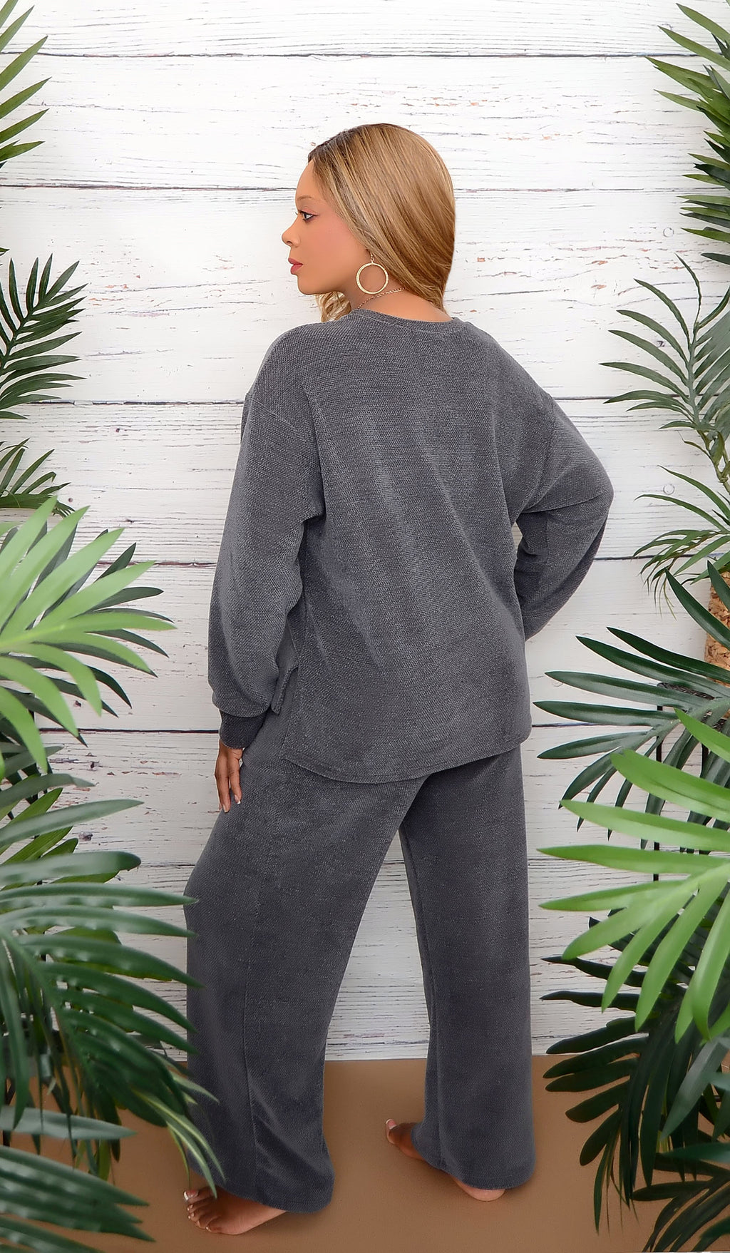 Women's Gray Wide Leg Two Piece Lounge Set